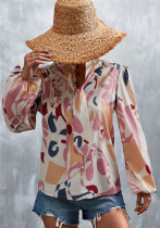 Women Spring Pink Modest V-neck Lantern Sleeve Geometric Print Chiffon Bow Regular Blouse