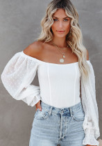 Women Summer White Streetwear Off-the-shoulder Three Quarter Sleeves Patchwork Regular T-Shirt