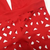 Women Summer Red Modest Turtleneck Sleeveless Solid Hollow Out Maxi Dress