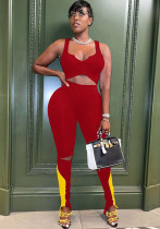 Frauen Sommer Rot Casual Ärmellos Hohe Taille Farbblockierung Aushöhlen Regelmäßige Zweiteilige Hose Set