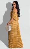 Women Summer Yellow Sweet Off-the-shoulder Short Sleeves Dot Print Maxi Dress