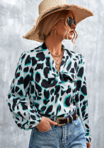 Damen Frühling Bedruckt Modest V-Ausschnitt Laterne Ärmel Leopardenmuster Chiffon Schleife Regelmäßige Bluse