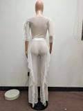 Women Summer White Modest O-Neck Three Quarter Sleeves High Waist Patchwork Cascading Ruffle Regular Two Piece Pants Set