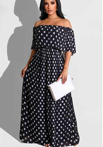 Women Summer Black Sweet Off-the-shoulder Short Sleeves Dot Print Maxi Dress