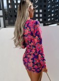 Women Summer Printed Casual V-neck Full Sleeves Floral Print Mini Bodycon Dress