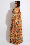 Women Summer Printed Romantic Halter Full Sleeves Floral Print Ripped Maxi Dress