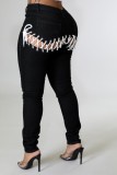 Women Spring Black Pencil Pants High Waist Zipper Fly Solid Lace Up Full Length Regular Jeans Pants