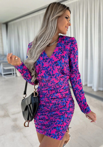 Women Summer Purple Casual V-neck Full Sleeves Floral Print Mini Bodycon Dress