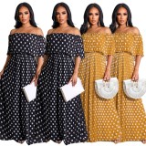 Women Summer Yellow Sweet Off-the-shoulder Short Sleeves Dot Print Maxi Dress