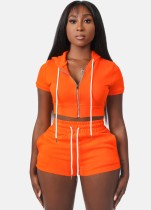 Women Summer Orange Casual Hooded Full Sleeves High Waist Solid Pockets Regular Two Piece Shorts Set
