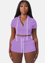 Women Summer Purple Casual Hooded Short Sleeves High Waist Solid Pockets Regular Two Piece Shorts Set