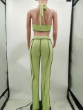 Women Summer Green Sexy Halter Sleeveless High Waist Solid Regular Two Piece Pants Set