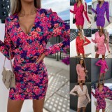 Women Summer Pink Casual V-neck Full Sleeves Floral Print Mini Bodycon Dress
