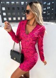 Women Summer Red Casual V-neck Full Sleeves Floral Print Mini Bodycon Dress