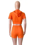 Women Summer Orange Casual Hooded Full Sleeves High Waist Solid Pockets Regular Two Piece Shorts Set