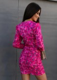 Women Summer Rose Casual V-neck Full Sleeves Floral Print Mini Bodycon Dress