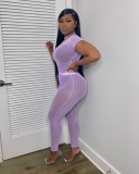 Women Summer Purple Sexy Turtleneck Short Sleeves High Waist Solid Mesh Skinny Two Piece Pants Set