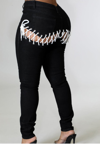Women Spring Black Pencil Pants High Waist Zipper Fly Solid Lace Up Full Length Regular Jeans Pants