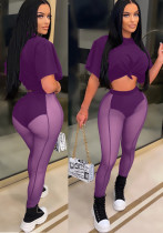 Women Summer Purple Sexy Turtleneck Half Sleeves High Waist Solid Skinny Two Piece Pants Set