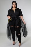 Women Summer Black Streetwear Turn-down Collar Half Sleeves Patchwork Belted X-Long Plus Size Blouse