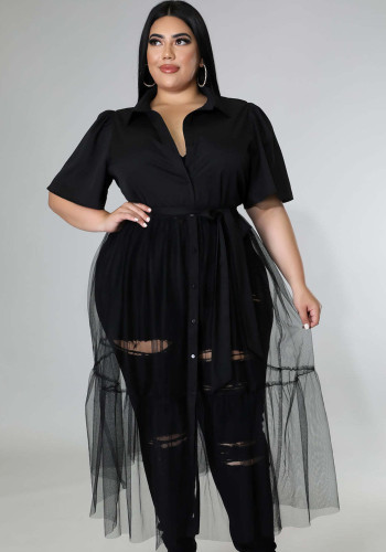 Kadın Yaz Siyah Streetwear Turn-down Yaka Yarım Kollu Patchwork Kuşaklı X-Uzun Büyük Beden Bluz