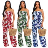 Women Summer Red Casual Strapless Sleeveless Floral Print Pockets Full Length Loose Jumpsuit