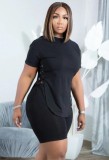 Women Summer Black Casual O-Neck Short Sleeves High Waist Solid Lace Up Regular Plus Size Two Piece Short Set