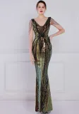 Women Summer Black Romantic V-neck Short Sleeves Sequined Mermaid Fringed Evening Dress