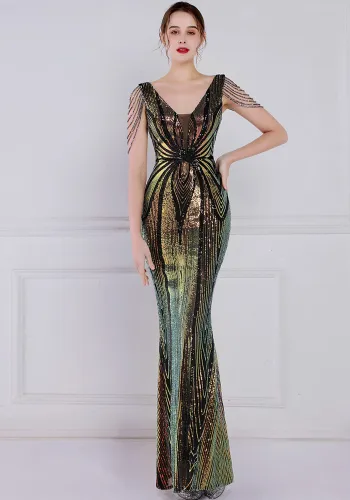Women Summer Black Romantic V-neck Short Sleeves Sequined Mermaid Fringed Evening Dress