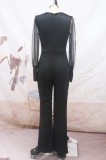 Women Spring Black Formal V-neck Full Sleeves Patchwork Mesh Button Full Length Regular Jumpsuit