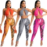 Women Summer Grey Sexy Halter Sleeveless High Waist Printed Lace Up Regular Two Piece Pants Set