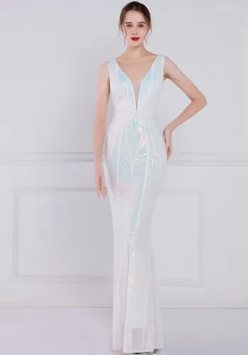 Women Summer White Romantic V-neck Short Sleeves Sequined Mermaid Fringed Evening Dress