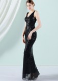 Women Summer Black Formal V-neck Sleeveless Patchwork Sequined Mermaid Evening Dress
