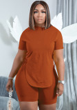 Women Summer Orange Casual O-Neck Short Sleeves High Waist Solid Lace Up Regular Plus Size Two Piece Short Set