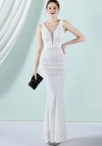 Women Summer White Formal V-neck Sleeveless Patchwork Sequined Mermaid Evening Dress