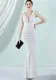 Women Summer White Formal V-neck Sleeveless Patchwork Sequined Mermaid Evening Dress