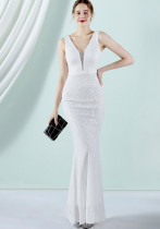 Damen Sommer Weiß Formal V-Ausschnitt Ärmellos Patchwork Pailletten Meerjungfrau Abendkleid