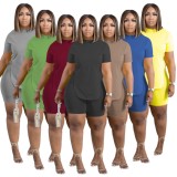 Women Summer Blue Casual O-Neck Short Sleeves High Waist Solid Lace Up Regular Plus Size Two Piece Short Set