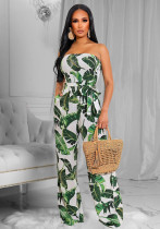 Women Summer Green Casual Strapless Sleeveless Floral Print Pockets Full Length Loose Jumpsuit