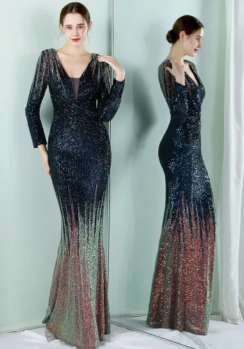 Women Spring Blue Formal V-neck Full Sleeves Gradual change Sequined Mermaid Evening Dress