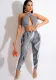 Women Summer Grey Sexy Halter Sleeveless High Waist Printed Lace Up Regular Two Piece Pants Set