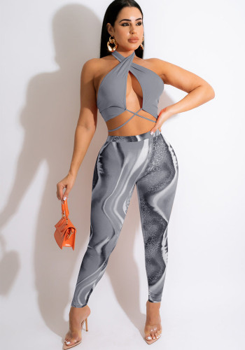 Women Summer Grey Sexy Halter Sleeveless High Waist Printed Lace Up Regular Two Piece Pants Set