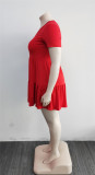 Women Summer Red Casual V-neck Short Sleeves Solid Mini Loose Plus Size Casual Dress