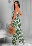 Women Summer Green Casual Strapless Sleeveless Floral Print Pockets Full Length Loose Jumpsuit