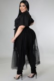 Women Summer Black Streetwear Turn-down Collar Half Sleeves Patchwork Belted X-Long Plus Size Blouse