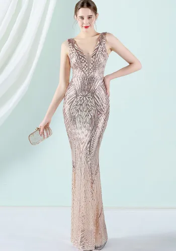 Women Summer Gold Formal V-neck Sleeveless Patchwork Sequined Mermaid Evening Dress