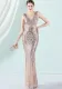 Women Summer Gold Formal V-neck Sleeveless Patchwork Sequined Mermaid Evening Dress