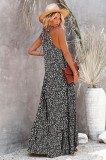 Women Summer Black Sweet Strap Sleeveless Floral Print Cascading Ruffle Maxi Dress
