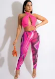 Women Summer Rose Sexy Halter Sleeveless High Waist Printed Lace Up Regular Two Piece Pants Set