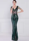 Women Summer Green Romantic V-neck Short Sleeves Sequined Mermaid Fringed Evening Dress